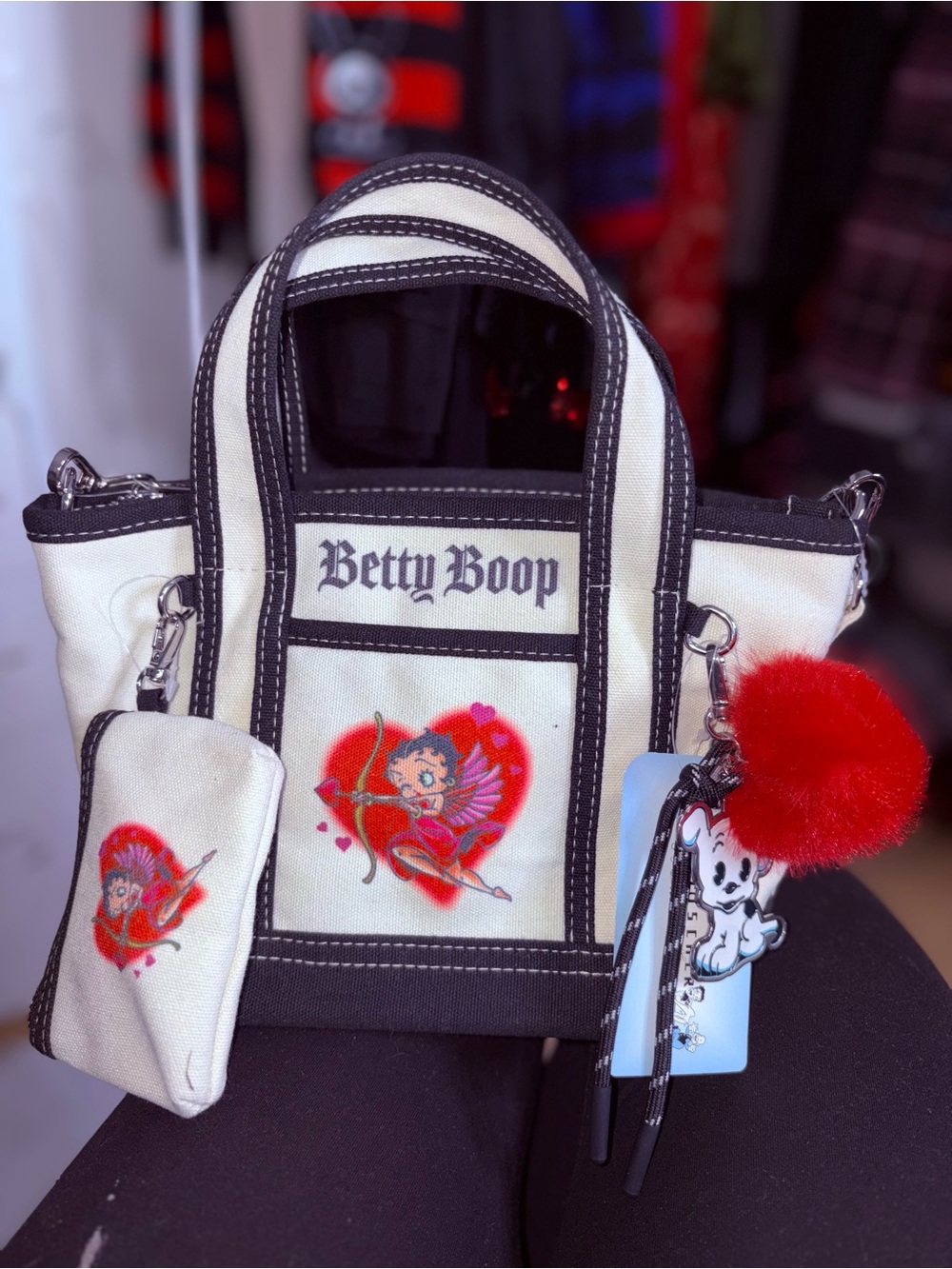 Betty Boop Cream and Black Mini Canvas Bag with Red Heart Accent